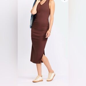 NWOT Michael Stars Ruched Midi Dress Brown Sleeveless Henley XS Bodycon Ribbed